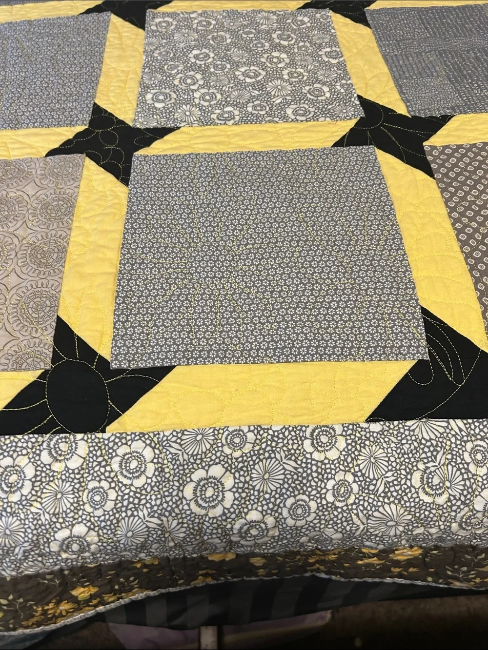 ONE OF A KIND- HANDCRAFTED  Yellow, Gray & Black Quilt